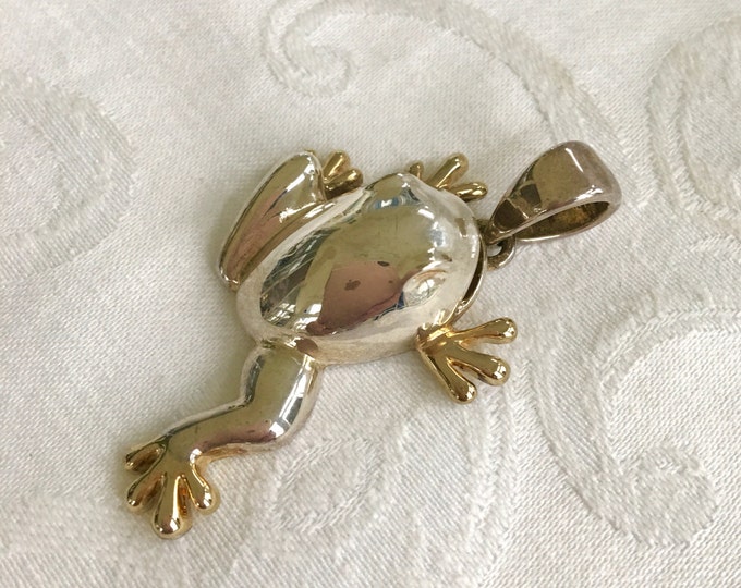 Sterling Frog Pendant, Silver Frog with Gold Wash Feet, Vintage Frog Jewelry