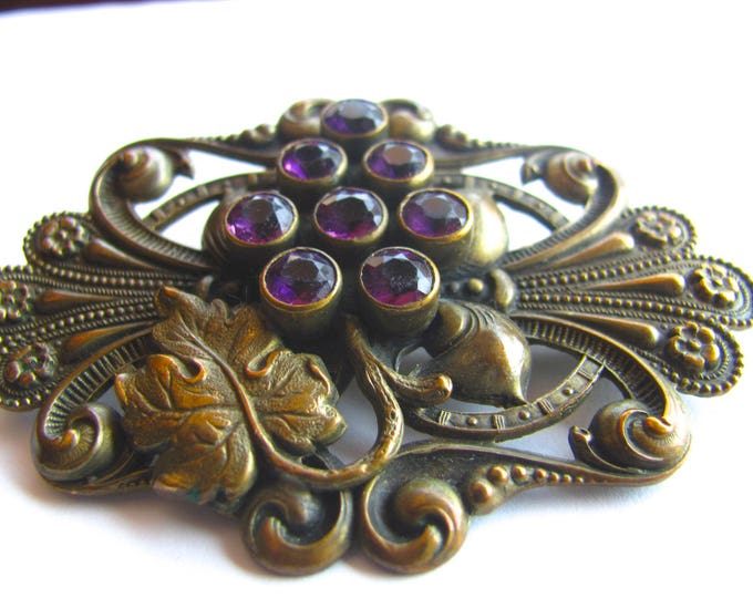 Art Nouveau Brooch, Amethyst Antique Sash Pin, Grapes and Leaves, Art Nouveau Jewelry