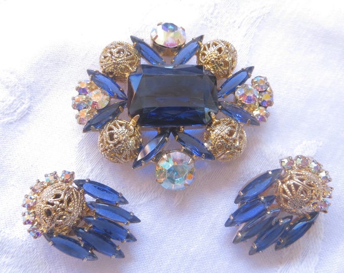 Juliana Brooch Set, Clip Earrings, Montana Blue Book Piece, Verified D & E