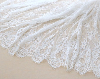 off white Chantilly lace fabric, bridal chantilly lace, retro bridal lace fabric with scalloped borders