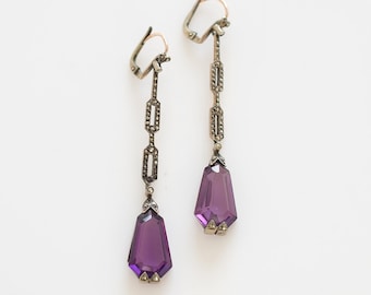 Art Deco Earrings Amethyst, Marcasites, Sterling Gold, Antique Jewelry