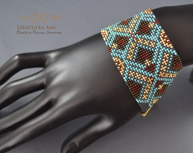 Aztec Bracelet Woven on a loom Bracelet seed beads Turquoise brown Metallic Cuff sleeves Gift for her Wide womens girls Choice of colors