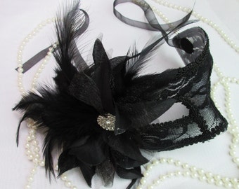 Black Masquerade Mask, Black Feather / Flower Costume Mask, New Year's Party Mask,Women's Black Lace Mask