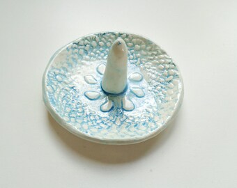 Blue rustic vintage lace textured ceramic ring holder, round boho romantic jewelry catcher, pottery ring bearer, something blue