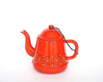 Orange Enamel Tea Kettle - Vintage Enamel Tea Kettle- Vintage Enamel Teapot -Orange Kitchen Decor - Orange Tea Kettle -Vintage Orange Teapot