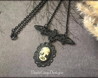 Victorian/ Gothic/ Dark Mori/ Memento Mori/ Lady Lolita Skeleton Cameo Necklace With Black Filigree Bat