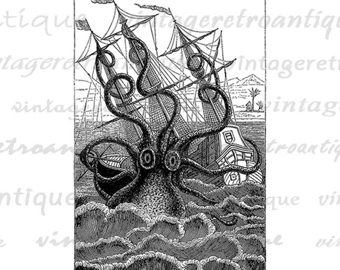 Printable Digital Giant Octopus Attacking Ship Download Image Graphic Antique Clip Art Jpg Png Eps HQ 300dpi No.2704