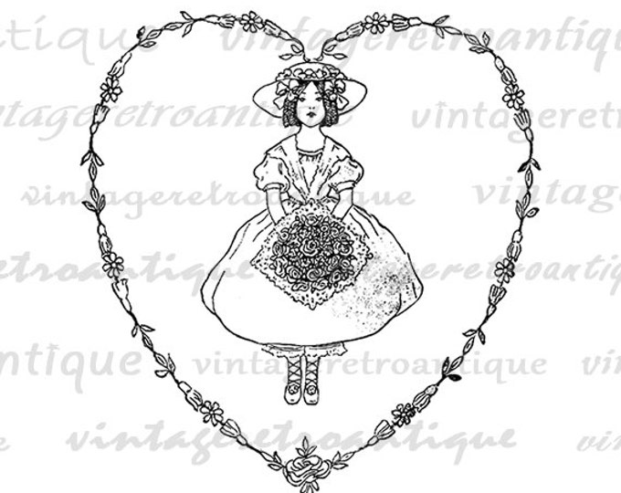 Printable Graphic Girl with Flowers Heart Download Love Digital Image Antique Clip Art Jpg Png Eps HQ 300dpi No.3563