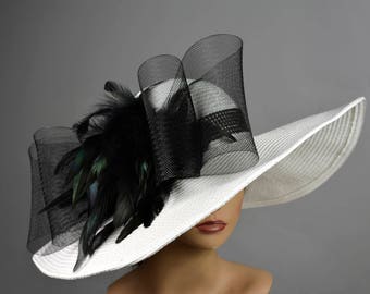 White Black Church Wedding Hat Head Piece Kentucky Derby Hat White Bridal Coctail Hat Couture Fascinator Bridal Hat Woman Hat Summer Hat