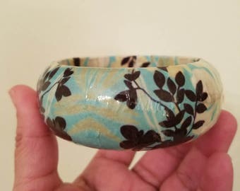 Gorgeous Vintage Floral Paper Mache Wooden Bangle Bracelet