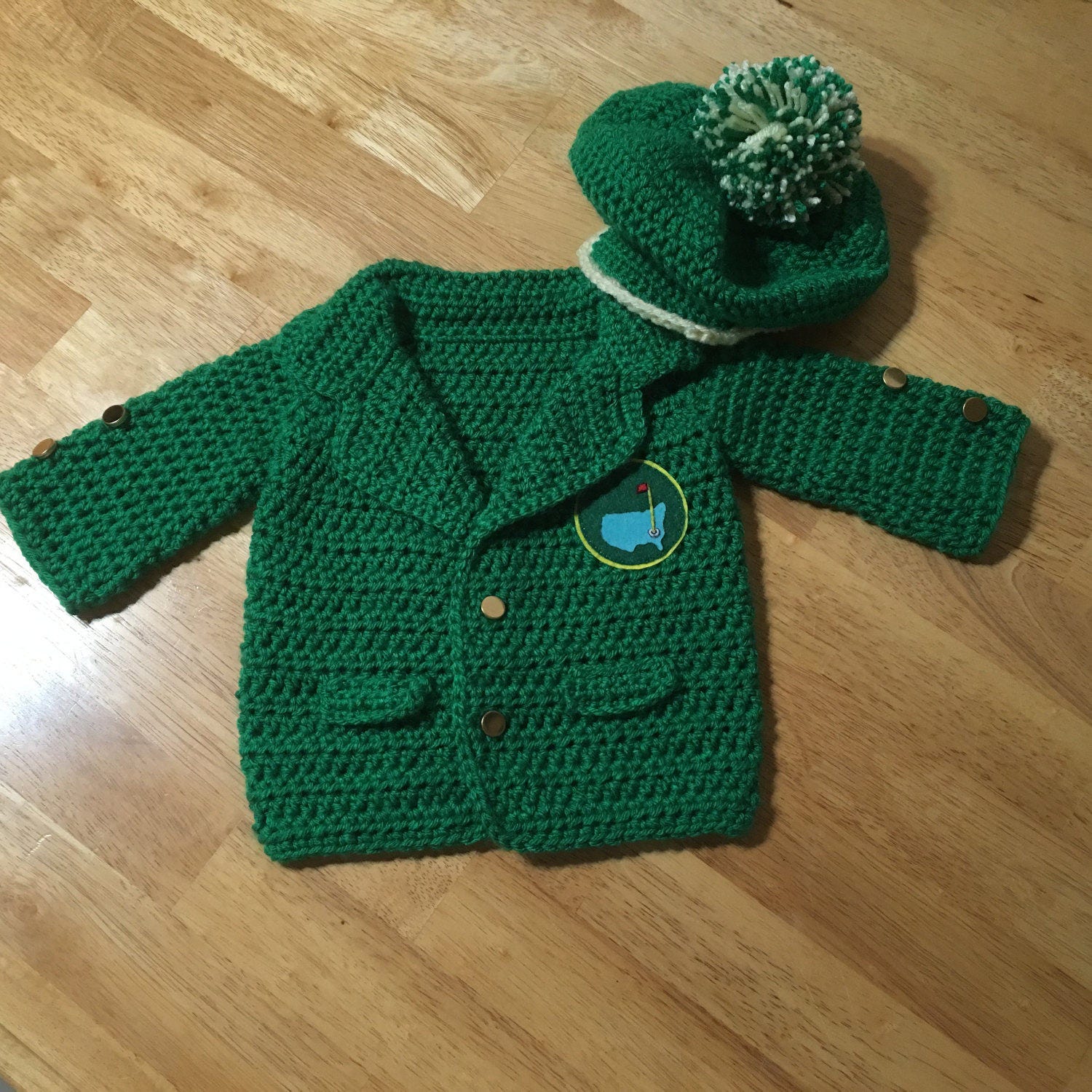 Crochet Baby Masters Green Golf Jacket with felt by UniqueAsIAm