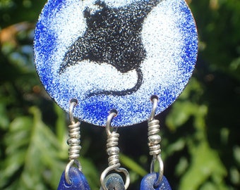Enamelled Manta Ray Pendant, with Blue English Sea Glass
