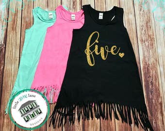 Five Year Old | Fringe Dress | Fringe Tank | 5th Birthday | Youth | Birthday Dress | Girl Fringe | Glitter | Fifth Birthday | Toddler Girl