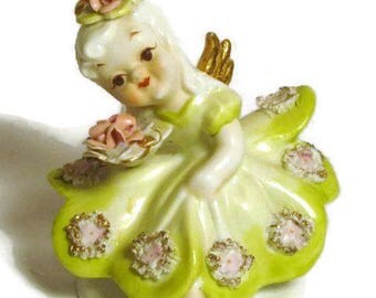 Vintage Lefton Angel Saturday's Child Spaghetti Angel Porcelain Figurine Pink Flowers Ceramic Figure Green Dress Japan Heavenly Trim
