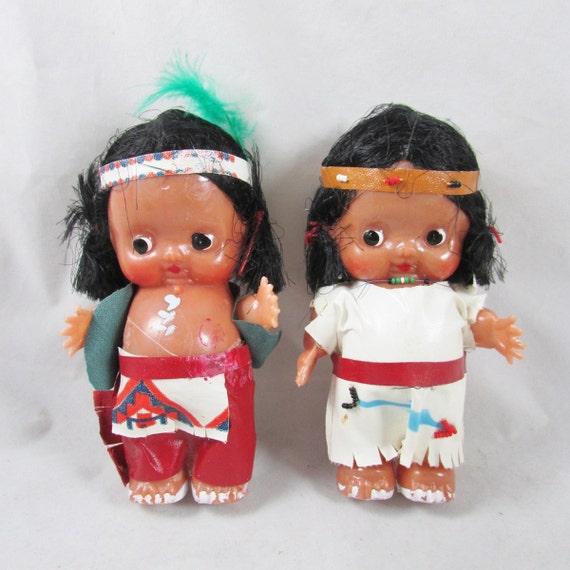 2 Native American Indian Dolls Hard Plastic Vintage 1960s