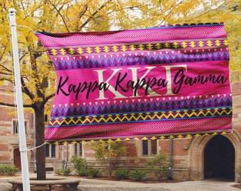 Kappa Kappa Gamma flag, Hot pink Aztec print, 3 x 5 feet Polyester mesh, Customizable Sorority gift, KKG letters Room decor