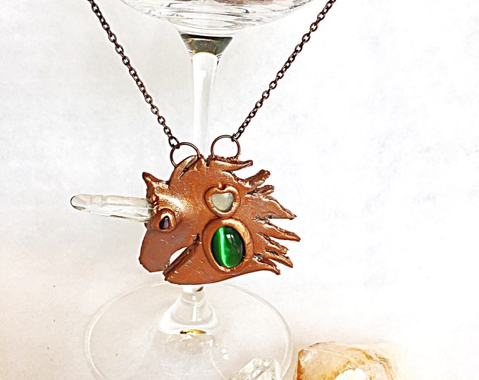 Quartz Crystal Unicorn Large Statement Bronze Pendant with Cat Eye Gems on Copper Chain, Mystical Healing Crystal Necklace