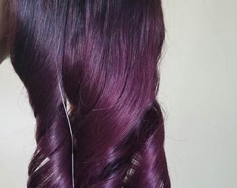 Remy Human Hair Extensions Halo Extensions Or Single Unit Extension (Dark Brown # 2) with purple Ombre
