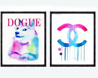 Set of 2 Fashion Illustrations Art Prints of Doge Watercolor Pink Blue Shibe Enu Dog Grooming Salon Decor