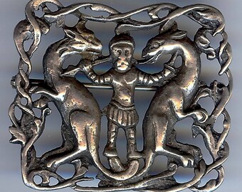 VINTAGE sterling silver ornate DRAGONS & SLAYER pin brooch