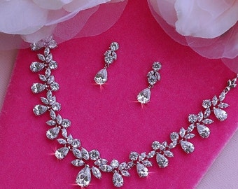 Swarovski Bridal Necklace Earrings Set Wedding Jewelry Party Pageant CZ Zirconia Crystal Bride Accessories Prom Weddings Accessory 021