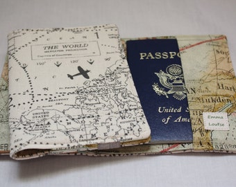 Passport Wallet Passport Cover Passport Holder with Credit Card Pockets in Airplane Map Print Fabrics