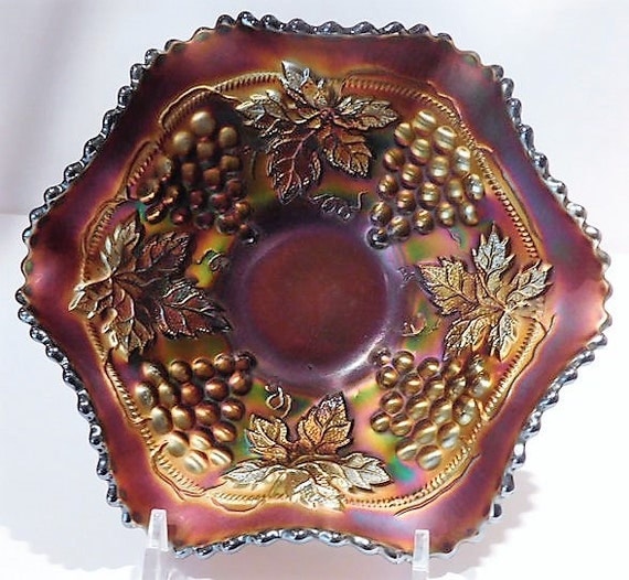 Antique Northwood Amethyst Grape and Cable Carnival Glass Bowl 1910s Ruffled Round Crimped Iridescent Art Glass Bowl Home Decor Wedding Gift