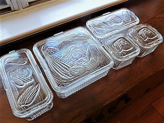 Depression Glass Refrigerator Dish Set 1930s 30s Veggie Vegetable Storage Containers with Lids Vintage Kitchen Art Deco Country Farm Fridge
