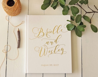 Gold Foil Wedding Guest Book • Gold Foil & White Personalized Calligraphy Guestbook • 8 x 10