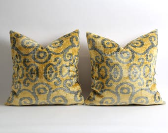 Set of 2 yellow gray decor velvet pillow cover // 18x18 inch silk velvet ikat pillows // handwoven yellow pillows