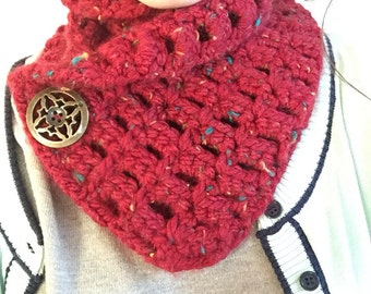Cozy Crochet Scarf in Red with Multicolor Flecks Bronze Button