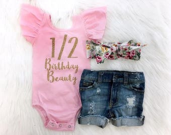 Half Birthday Outfit Pink and Gold Half Birthday Distressed Denim Beauty Half Birthday Leotard 1/2 Birthday Outfit 6 Month Birthday Outfit