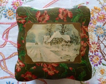 Antique Victorian Celluloid Collar Vanity Dresser Box With Poppies and Winter Scene