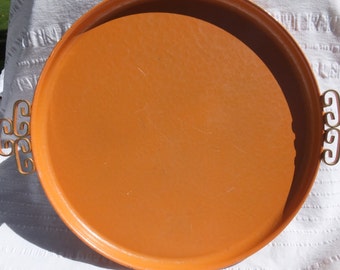 Vintage Orange Kyes Moire Round Tray- Rare Color, Gold Scrolling
