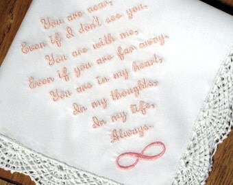 REMEMBERING a LOVED ONE Handkerchief, Infinity Design, Words of Sympathy, Name & Date Option, White or Ivory, Gift Box, Shell Edge 12x12