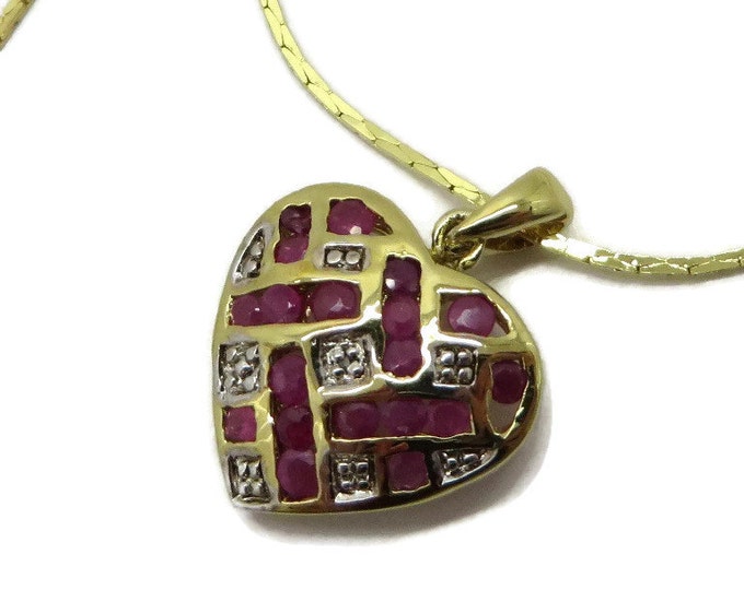 Ruby and Diamond Heart Pendant, Gold Plated Sterling Silver Pendant with Cobra Chain