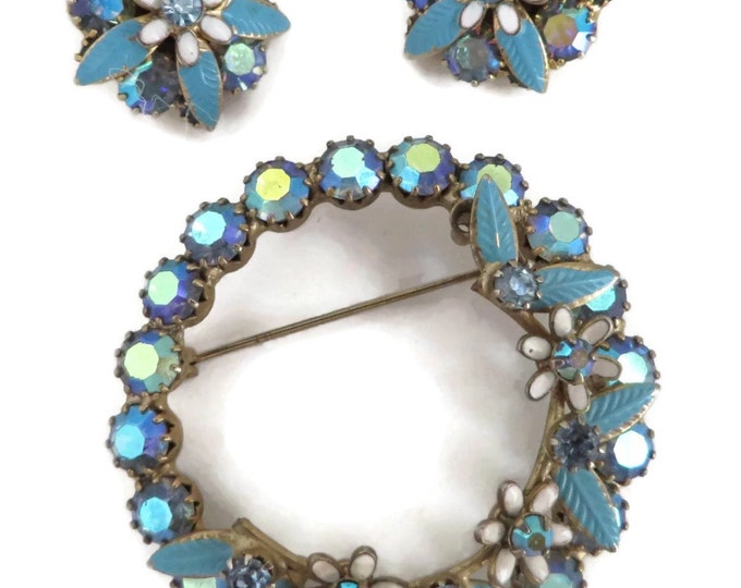 Weiss AB Rhinestone Flower Brooch Earrings Set, Vintage Demi Parure