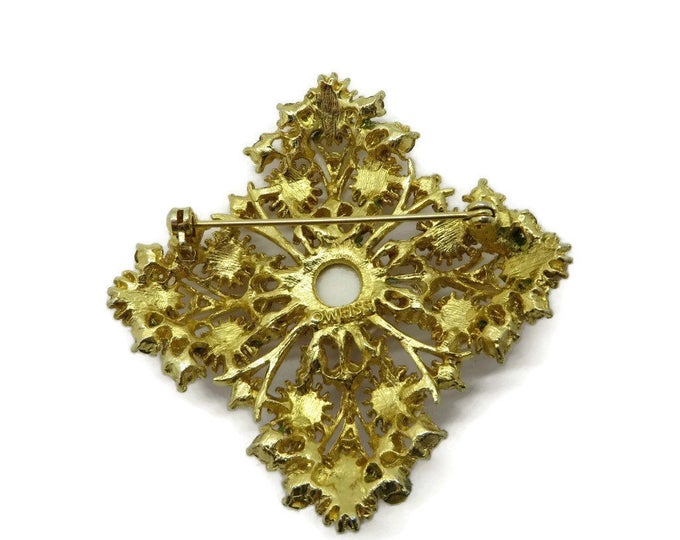 Weiss Orange and White Bead Rhinestone Studded Gold Tone Vintage Brooch