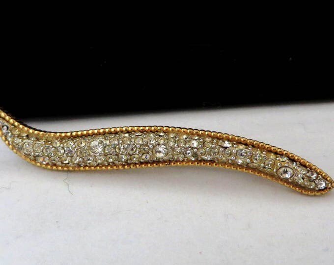 Hattie Carnegie Rhinestone Gold Tone Vintage Curved Bar Brooch