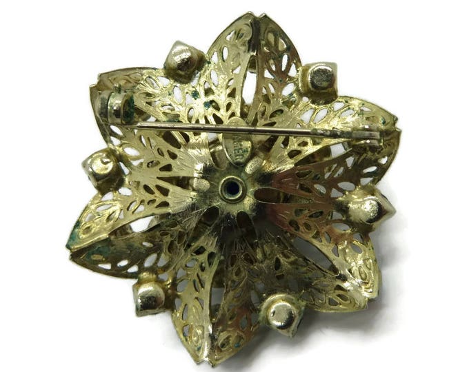 Vintage Kramer Brooch - Blue AB Rhinestone, Art Glass, Gold Metal Vintage Estate Jewelry, Gift idea, Gift Boxed