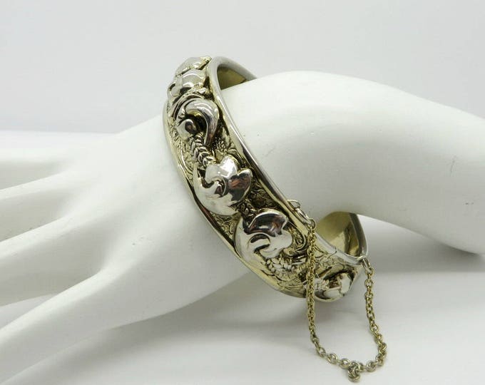 Vintage Bangle Bracelet Gold Tone Hinged Bracelet, Scrolled Bangle Safety Chain Costume Jewelry Gift Idea