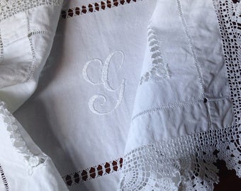 Antique Lace Tablecloth, Antique Dressing Table Topper, Edwardian, Hand Embroidered Monogram "G", Lace Tablecloth, VTC232