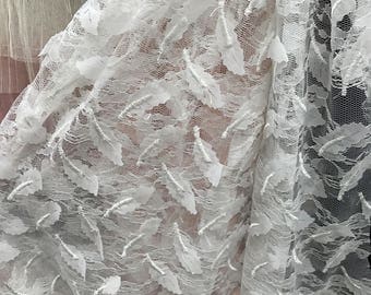 3D Leaf Lace Fabric, Off white Leaves Fabric, Wedding Gown Fabric, Salmon Pink Bridal Lace Fabric