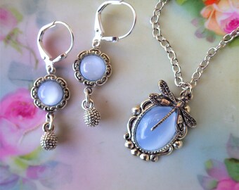 Blue Moonstone Pendant ~ Vintage Glass ~ SILVER ~ Dragonfly Jewelry ~ Art Nouveau ~ SET Option ~ by LadyoftheLakesJewels