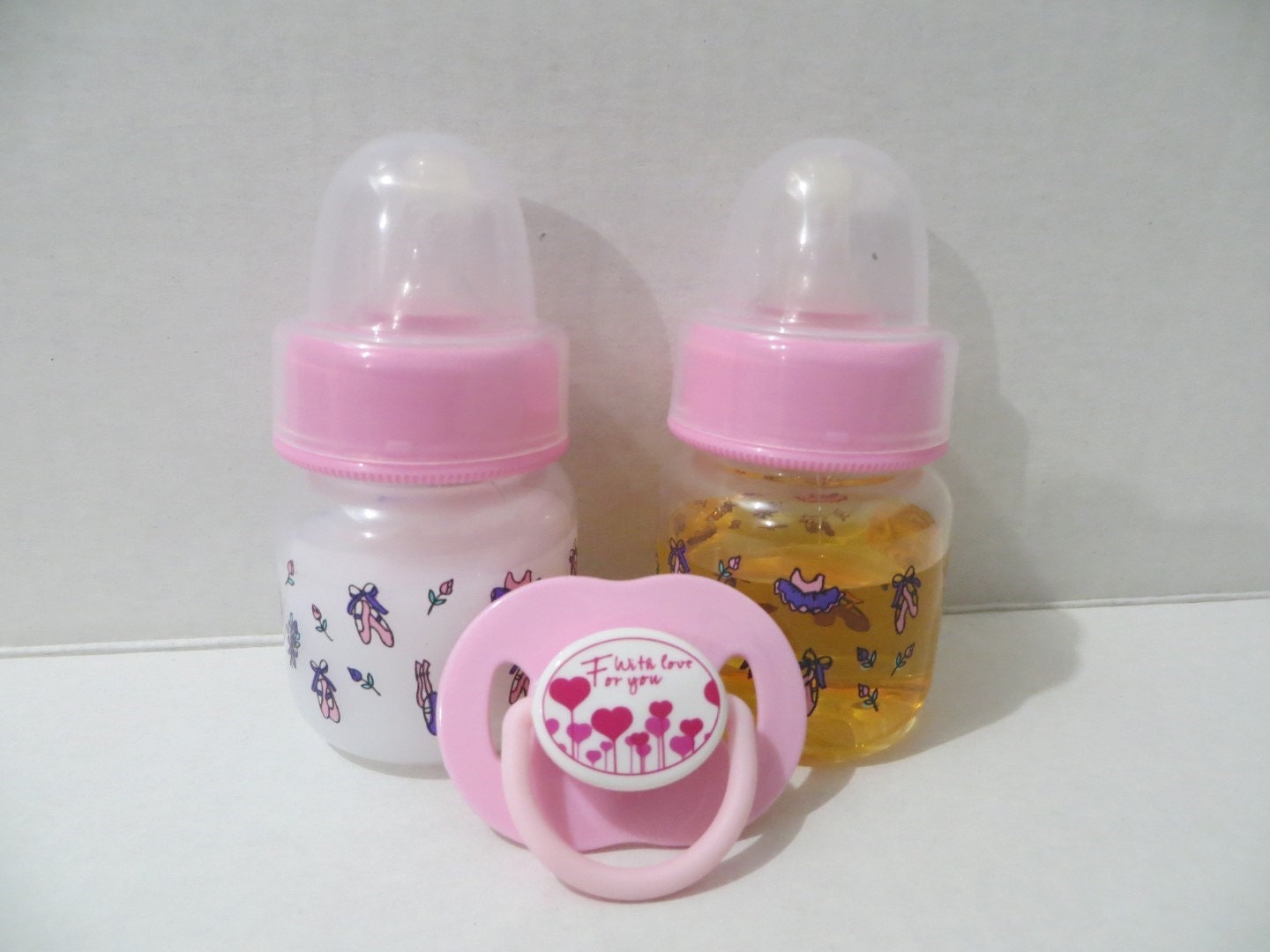 2 Reborn Baby Doll Preemie Bottles 2oz Pink Fake Milk & Juice