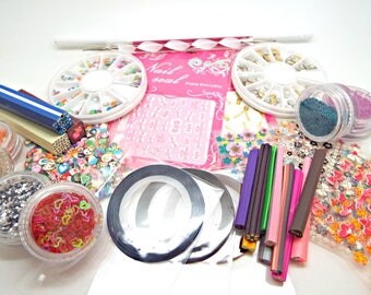 Nail Art Kit, Metal Studs, Striping Tape, Glitter Pots, Nail Decals, Microbeads, Canes & Slices, Pick Up Pencil, Dotting Tool, UK Seller