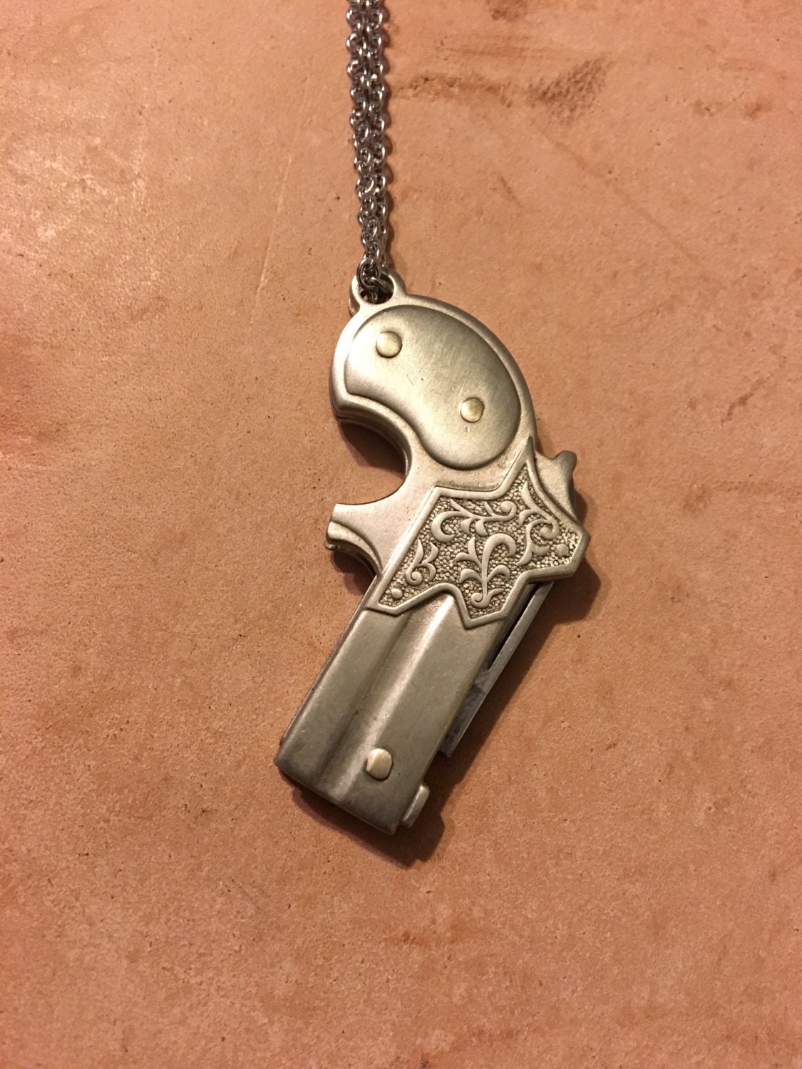 Pale Gold Folding Mini Revolver Pocket Knife Necklace