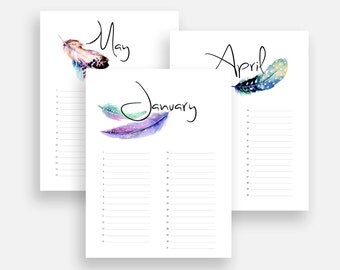 Printable Birthday Calendar with Feathers in Watercolor Art | Perpetual Birthday and Annual Event Planner | PDF A4 A5 Letter size