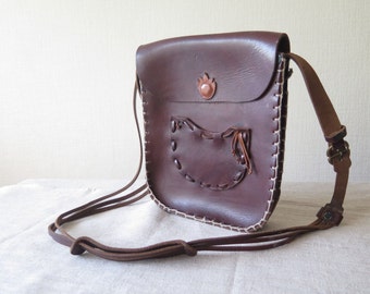 Vintage Leather Handbag Genuine Leather Dark Brown Shoulder Bag with Long Strap Boho Hippie Bag Thick Leather Bag @203