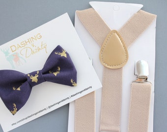 Boys Bow Tie and Suspender Set, Boys Stag Bow Tie, christmas bow tie, Deer bow tie, toddler bow tie, navy bow tie, baby bow tie, christmas